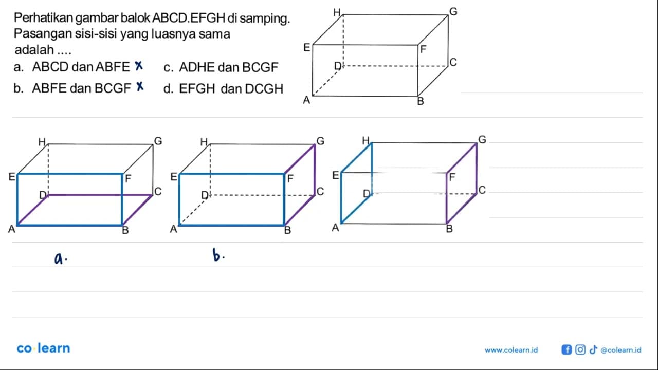 Perhatikan gambar balok ABCD.EFGH di samping. Pasangan