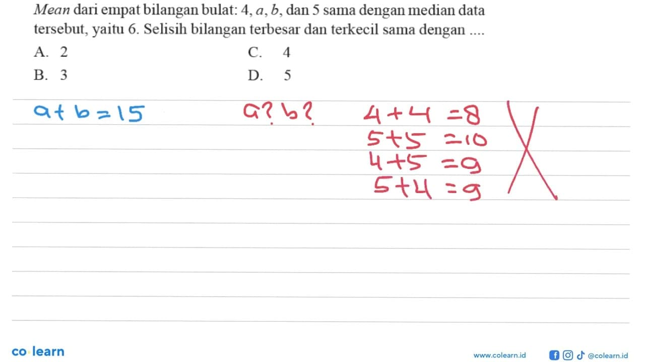 Mean dari empat bilangan bulat: 4, a, b, dan 5 sama dengan