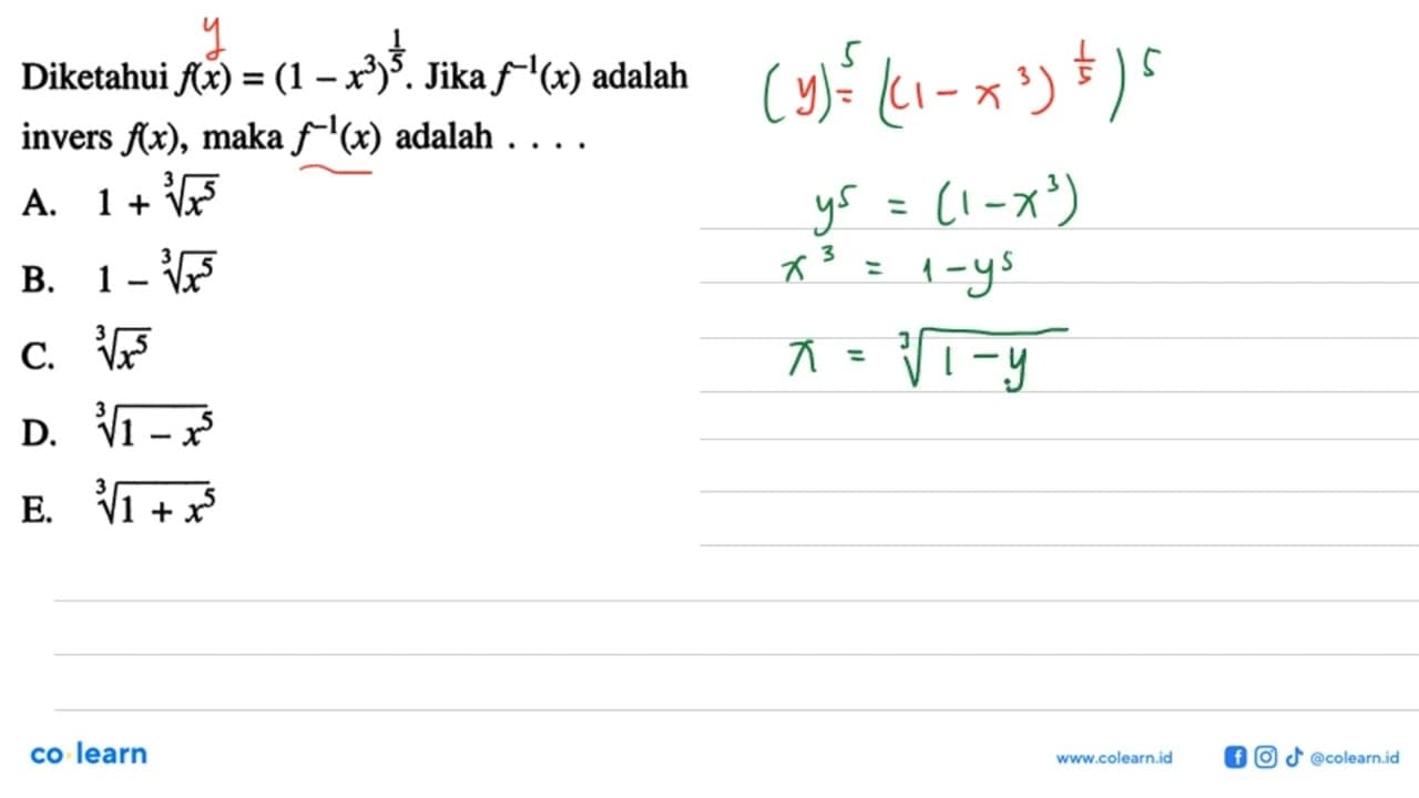 Diketahui f(x)=(1-x^3)^(1/5). Jika f^-1(x) adalah invers