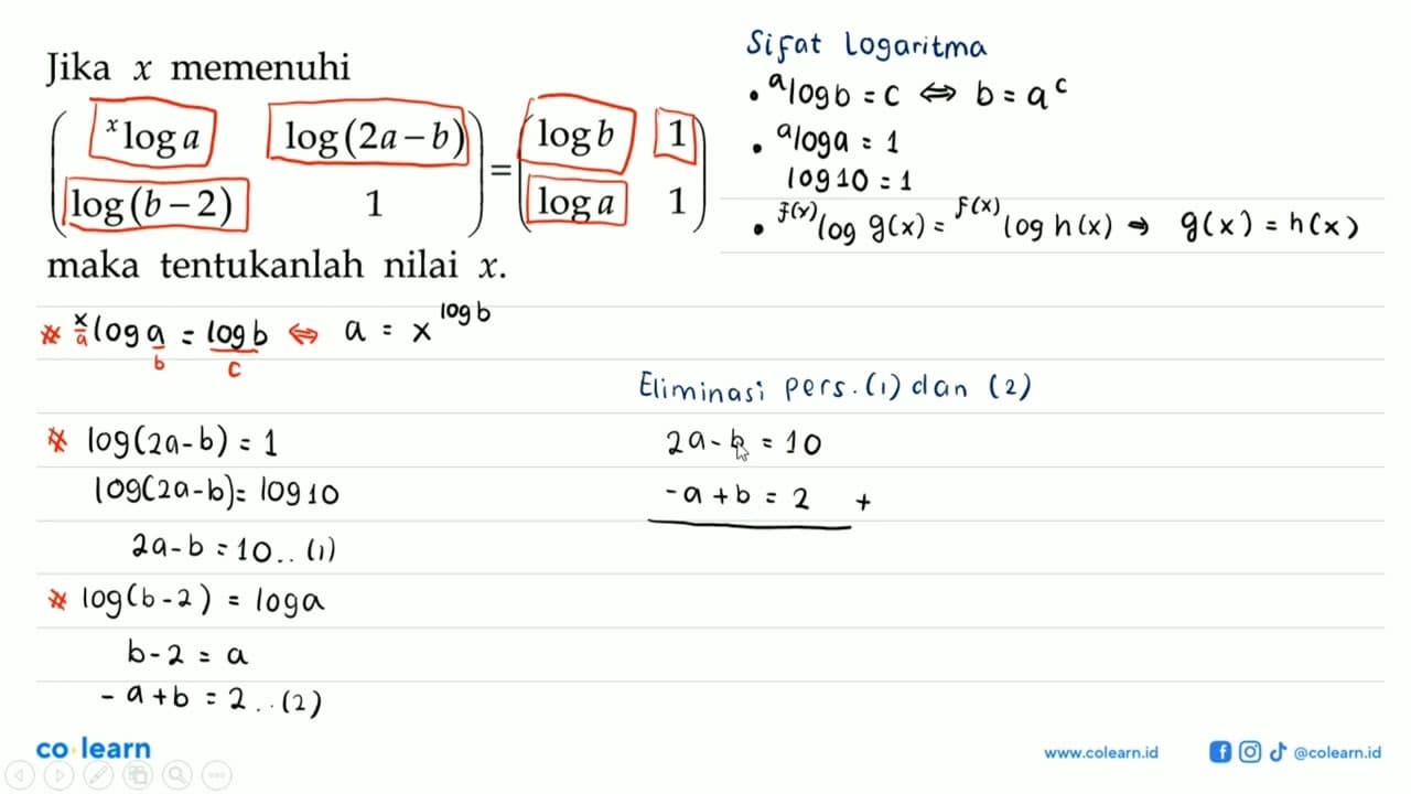 Jika x memenuhi (xloga log(2a-b) log(b-2) 1)=(logb 1 loga