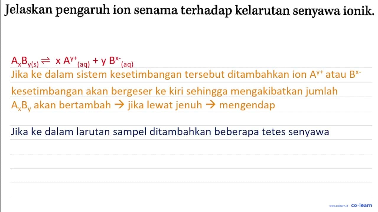 Jelaskan pengaruh ion senama terhadap kelarutan senyawa