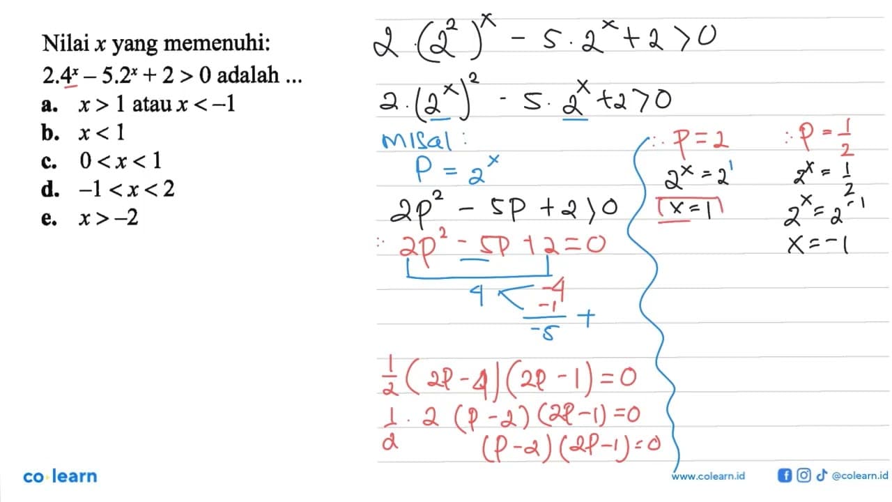 Nilai x yang memenuhi: 2.4^x-5.2^x+2>0 adalah a. x>1 atau