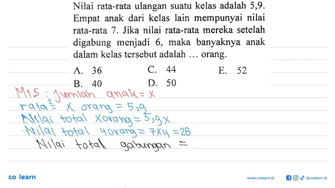 Nilai rata-rata ulangan suatu kelas adalah 5,9. Empat anak