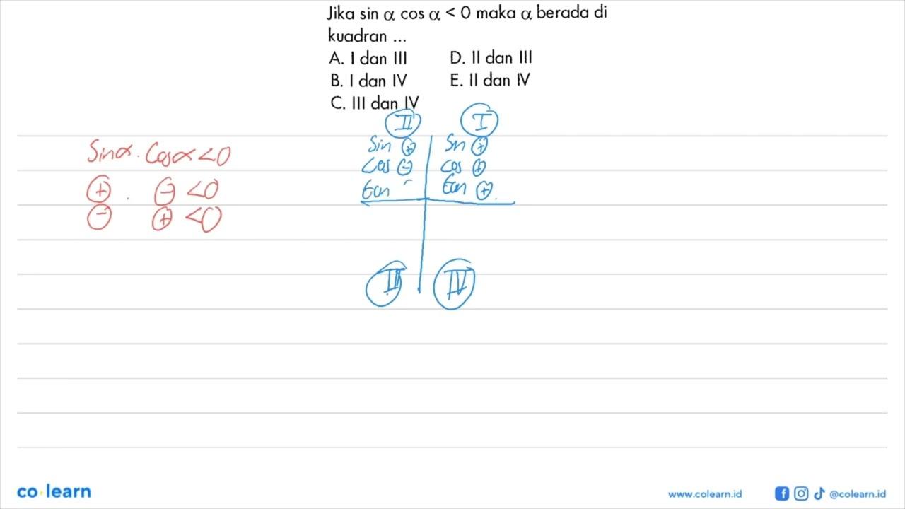 Jika sin a cos a <0 maka a berada di kuadran ...A. I dan