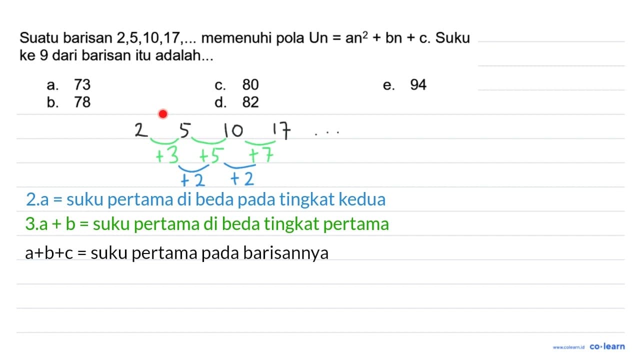 Suatu barisan 2,5,10,17, ... memenuhi pola Un =a n^(2)+b