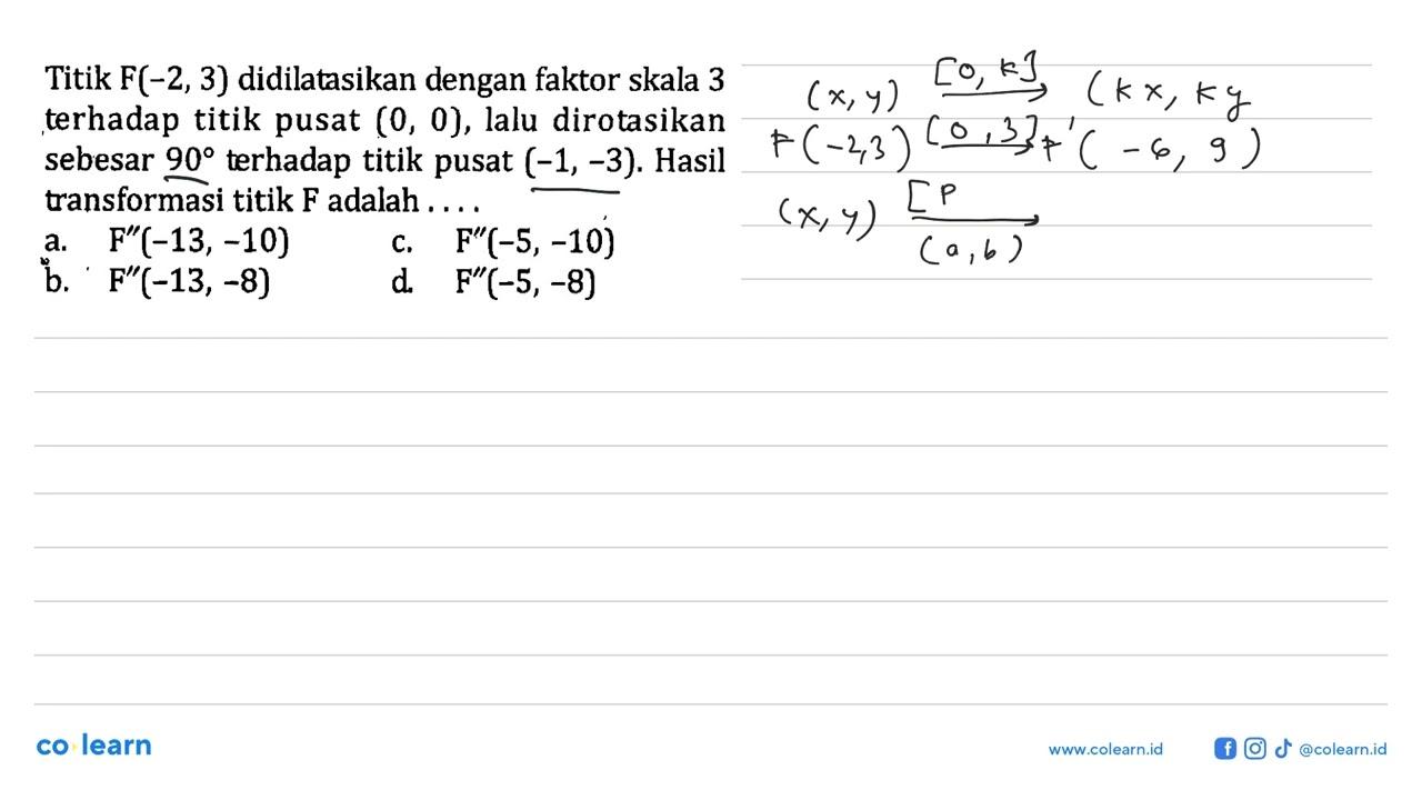 Titik F(-2,3) didilatasikan dengan faktor skala 3 terhadap