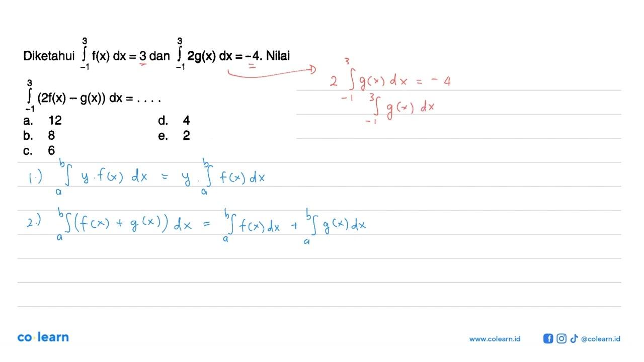 Diketahui integral -1 3 f(x) dx=3 dan integral dari -1 3