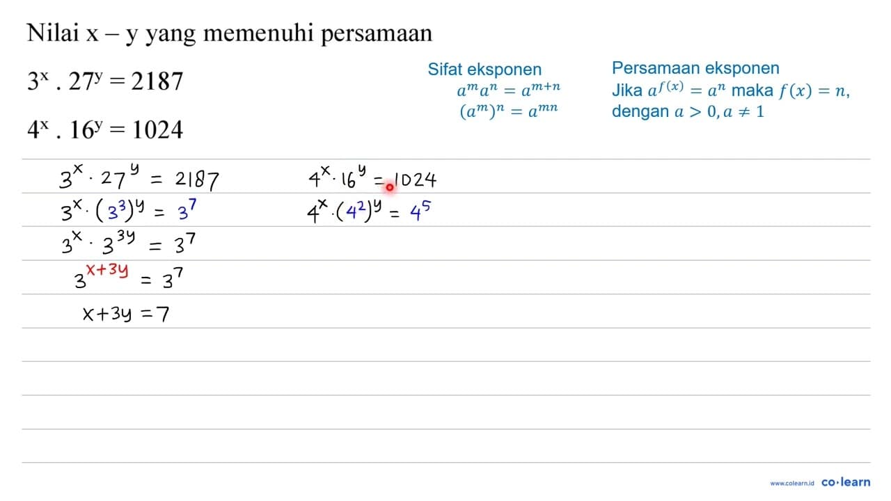 Nilai x- y yang memenuhi persamaan 3^(x) . 27^(y)=2187