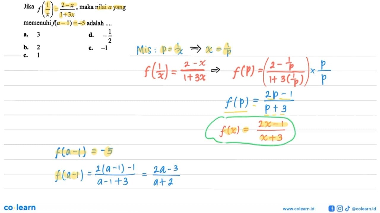 Jika f(1/x)=(2-x)/(1+3x), maka nilai a yang memenuhi