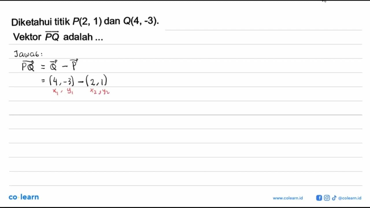 Diketahui titik P(2,1) dan Q(4,-3).Vektor PQ adalah...