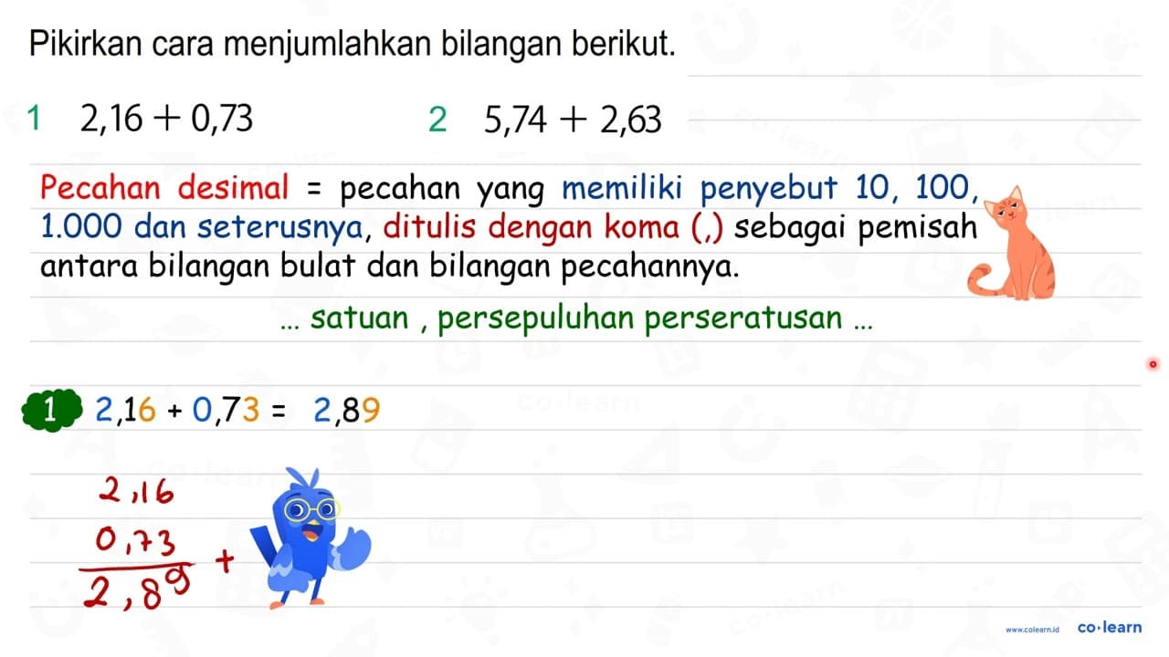 Pikirkan cara menjumlahkan bilangan berikut. 12,16+0,73