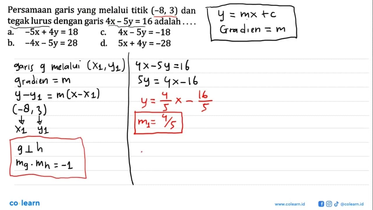 Persamaan garis yang melalui titik (-8,3) dan tegak lurus