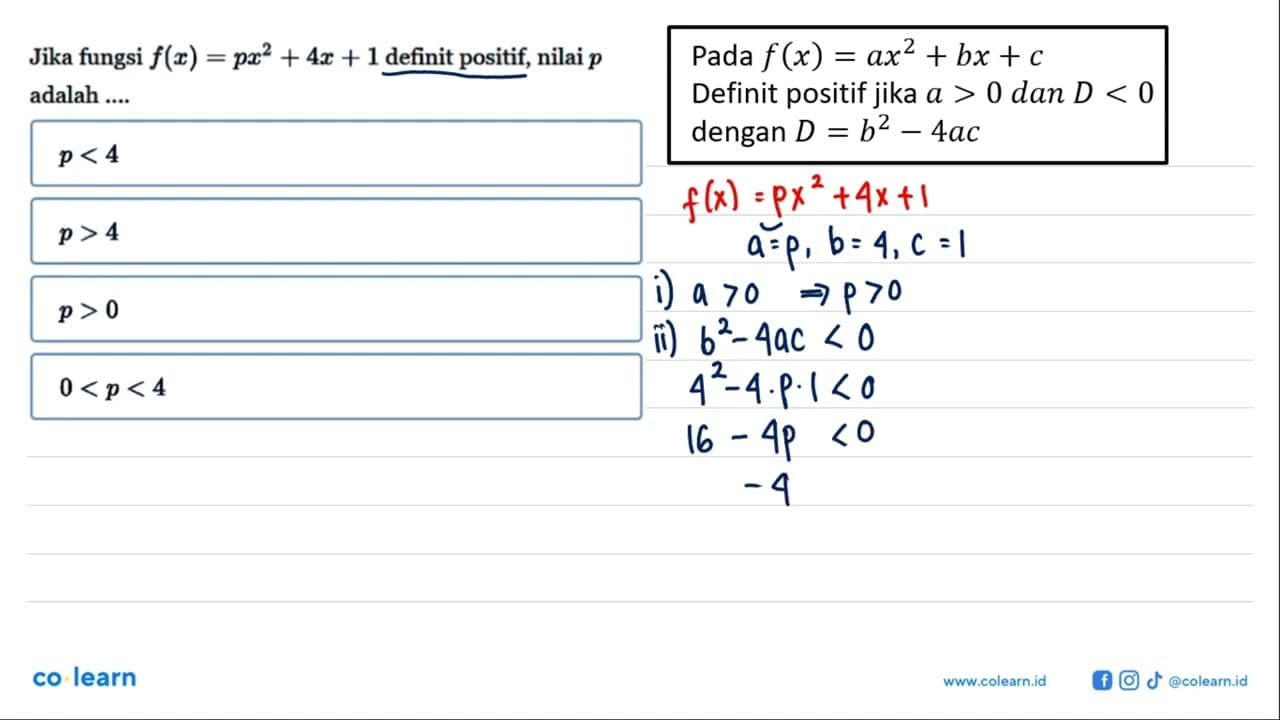 Jika fungsi f(x) = px^2 + 4x + 1 definit positif, nilai p