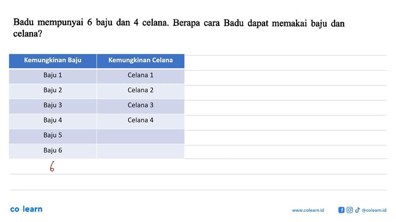 Badu mempunyai 6 baju dan 4 celana. Berapa cara Badu dapat