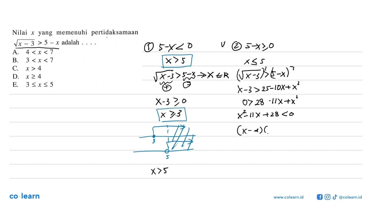 Nilai yang memenuhi pertidaksamaan akar(x-3) > 5-x adalah