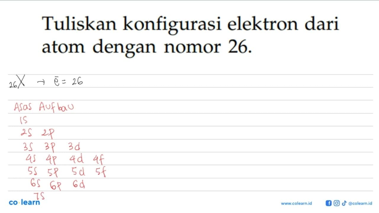 Tuliskan konfigurasi elektron dari atom dengan nomor 26.