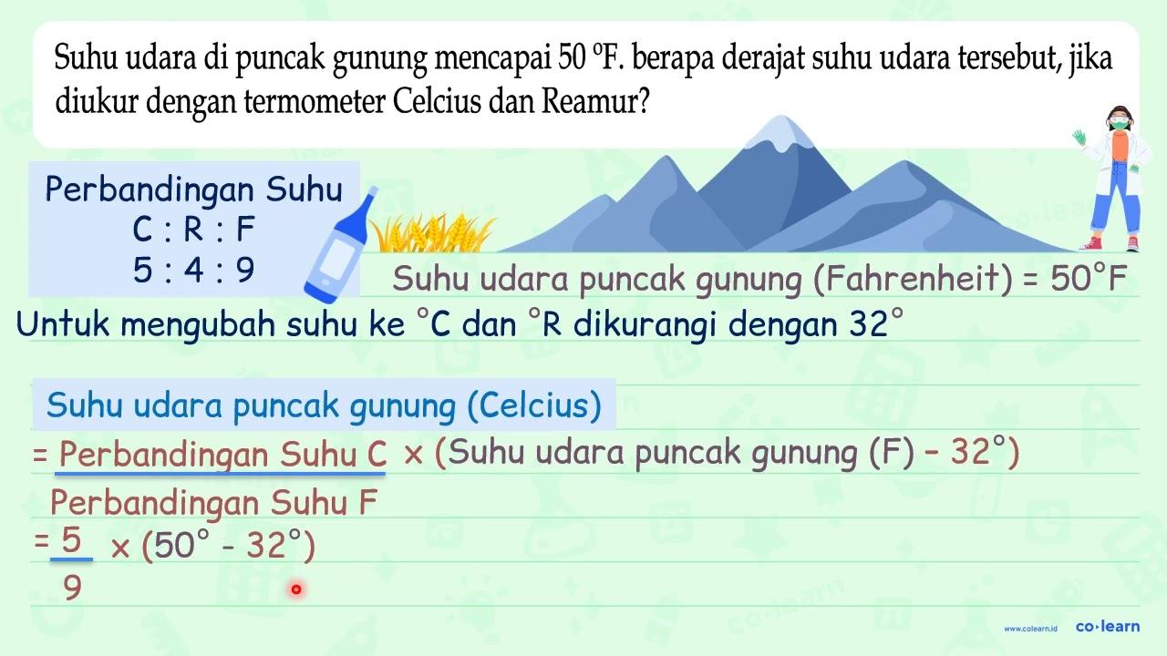 Suhu udara di puncak gunung mencapai 50 F . berapa derajat