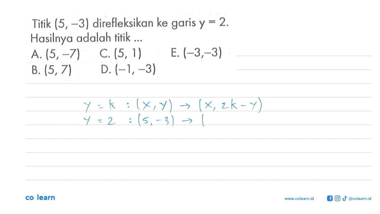 Titik (5, -3) direfleksikan ke garis Y = 2 Hasilnya adalah