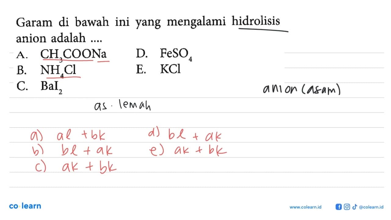 Garam di bawah ini yang mengalami hidrolisis anion adalah