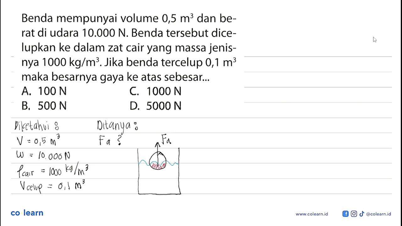 Benda mempunyai volume 0,5 m^3 dan berat di udara 10.000 N.