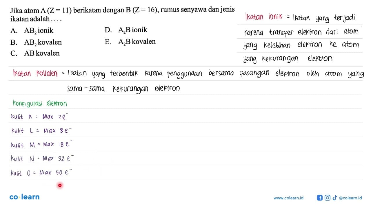 Jika atom A(Z=11) berikatan dengan B(Z=16), rumus senyawa