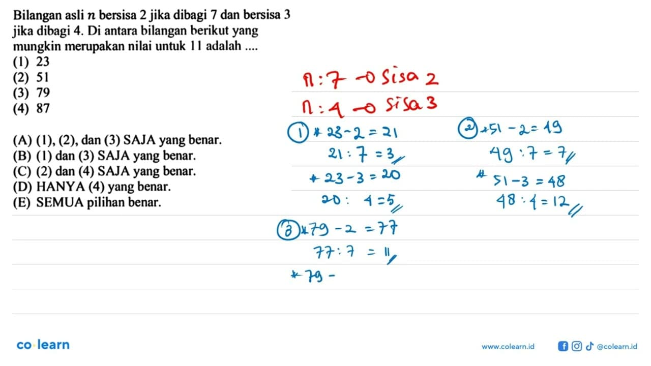 Bilangan asli n bersisa 2 jika dibagi 7 dan bersisa 3 jika