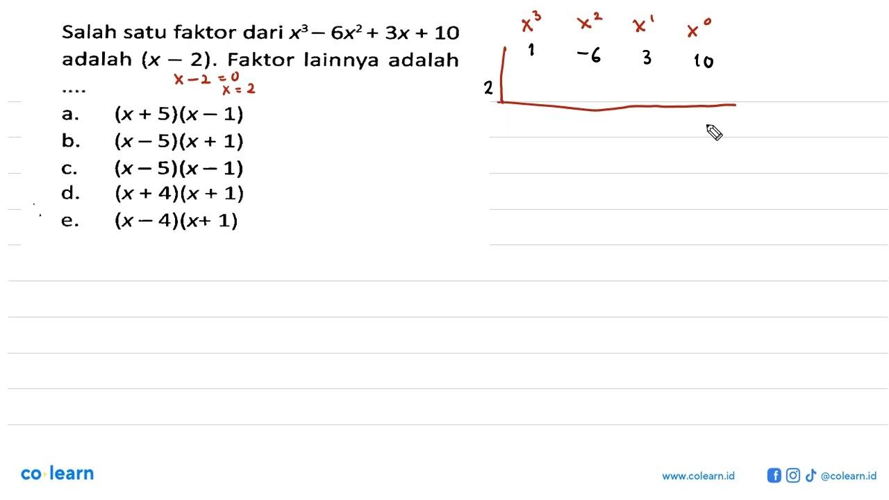 Salah satu fakotr x^3-6x^2+3x+10 adalah (x-2). Faktor