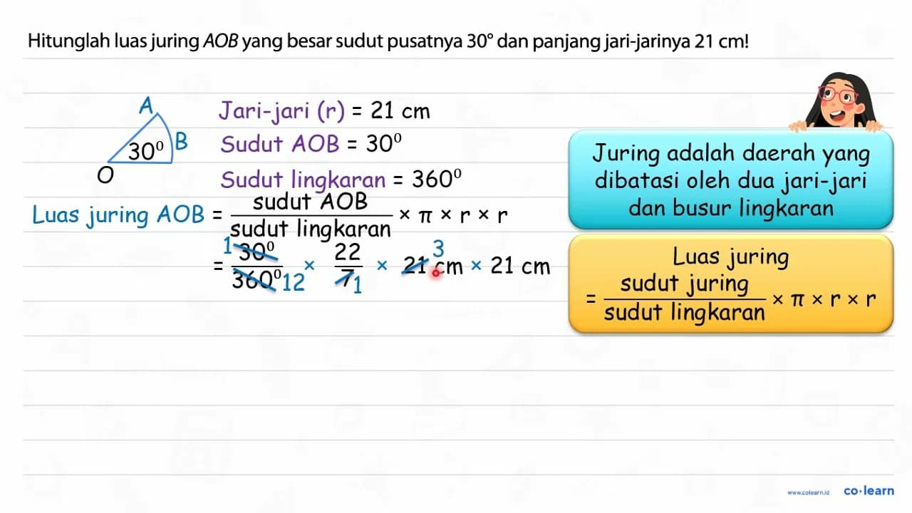 Hitunglah luas juring AOB yang besar sudut pusatnya 30 dan