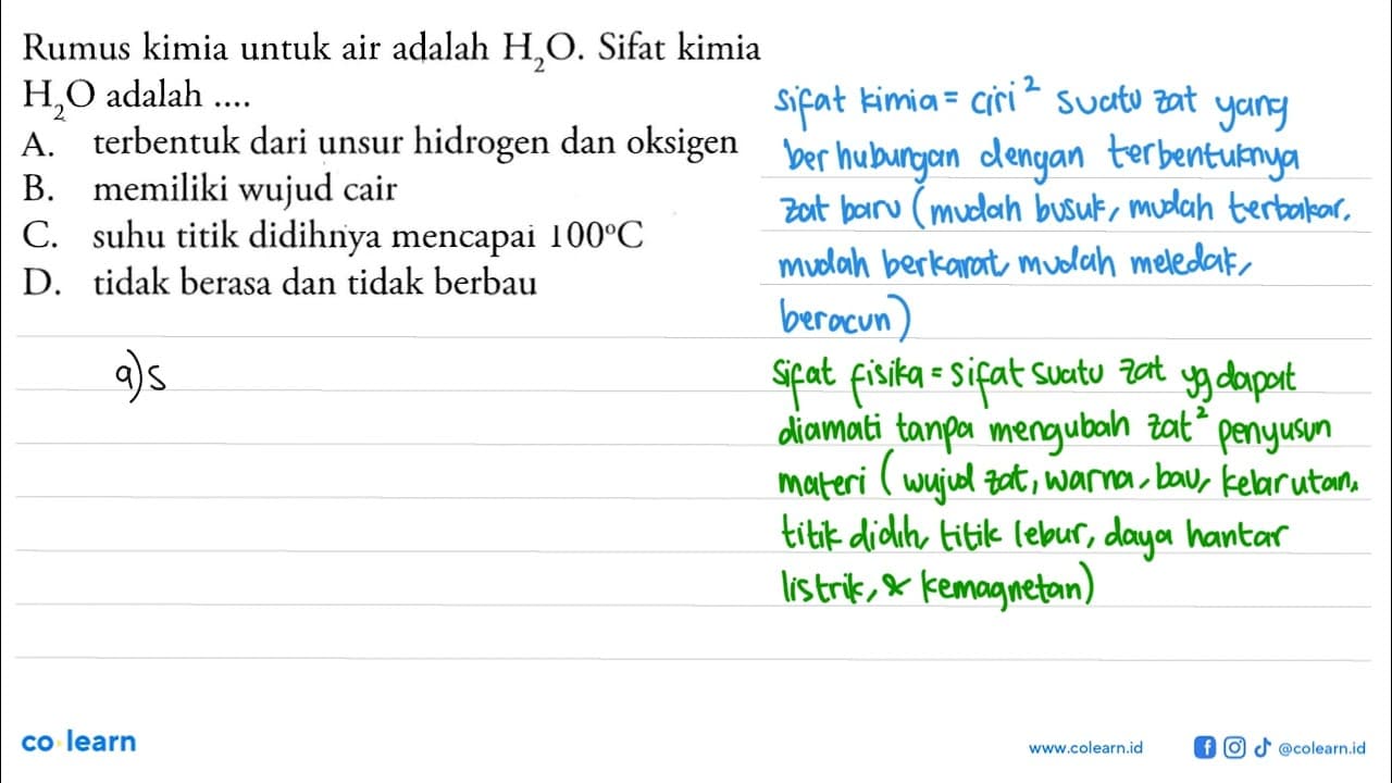 Rumus kimia untuk air adalah H2O. Sifat kimia H2O adalah