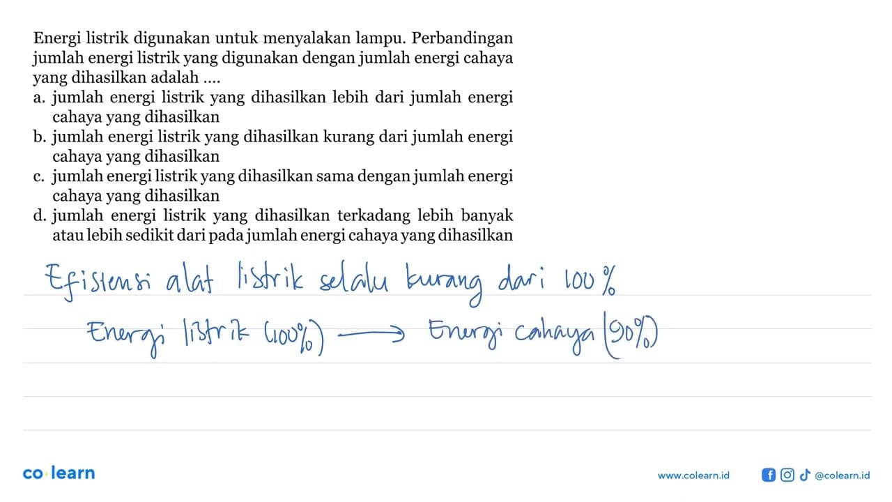 Energi listrik digunakan untuk menyalakan lampu.