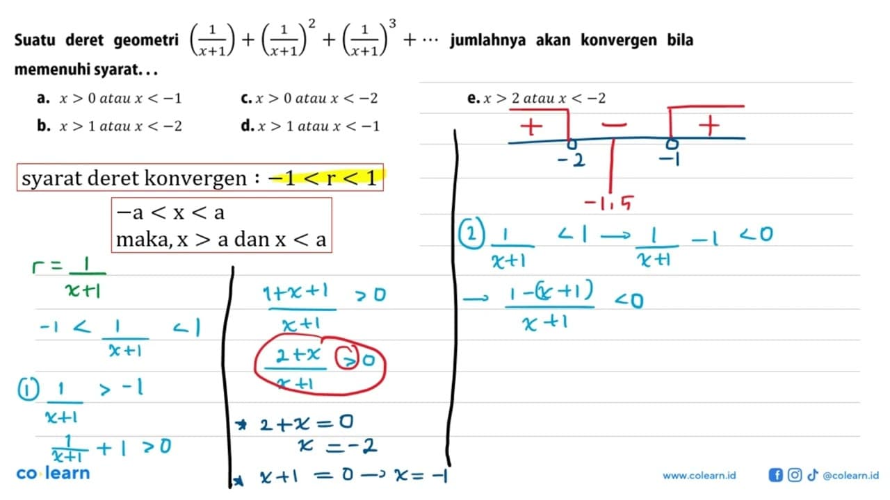 Suatu deret geometri (1/(x+1))+(1/(x+1))^2+(1/(x+1))^3+...