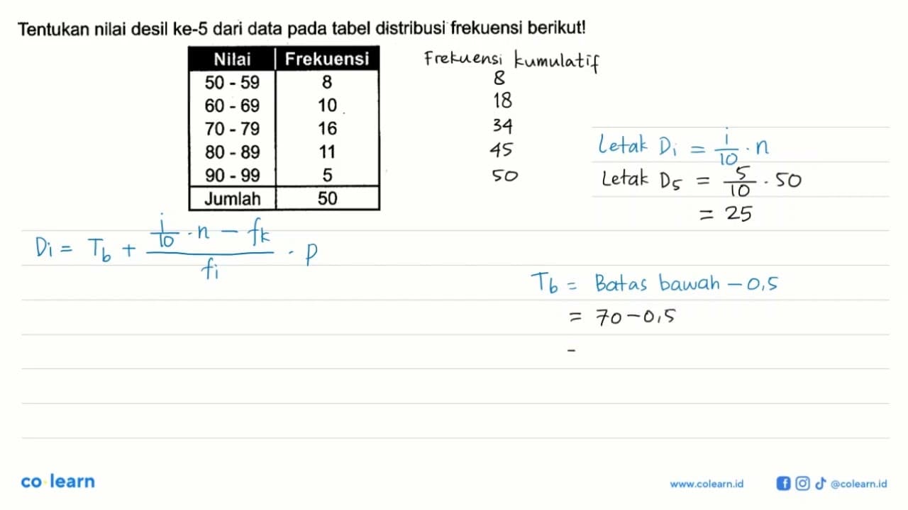 Tentukan nilai desil ke-5 dari data pada tabel distribusi