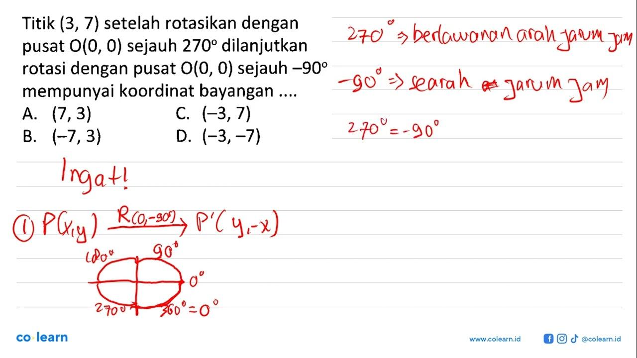 Titik (3,7) setelah rotasikan dengan pusat O(0,0) sejauh