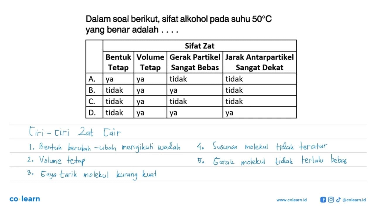 Dalam soal berikut, sifat alkohol pada suhu 50 C yang benar