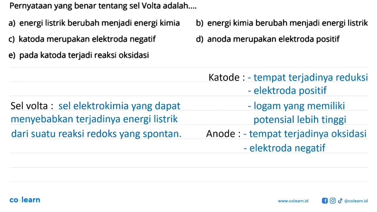 Pernyataan yang benar tentang sel Volta adalah a) energi