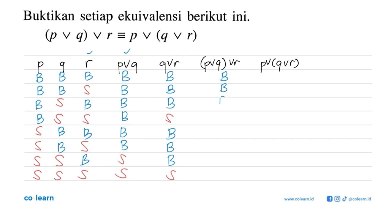 Buktikan setiap ekuivalensi berikut ini. (p v q) v r