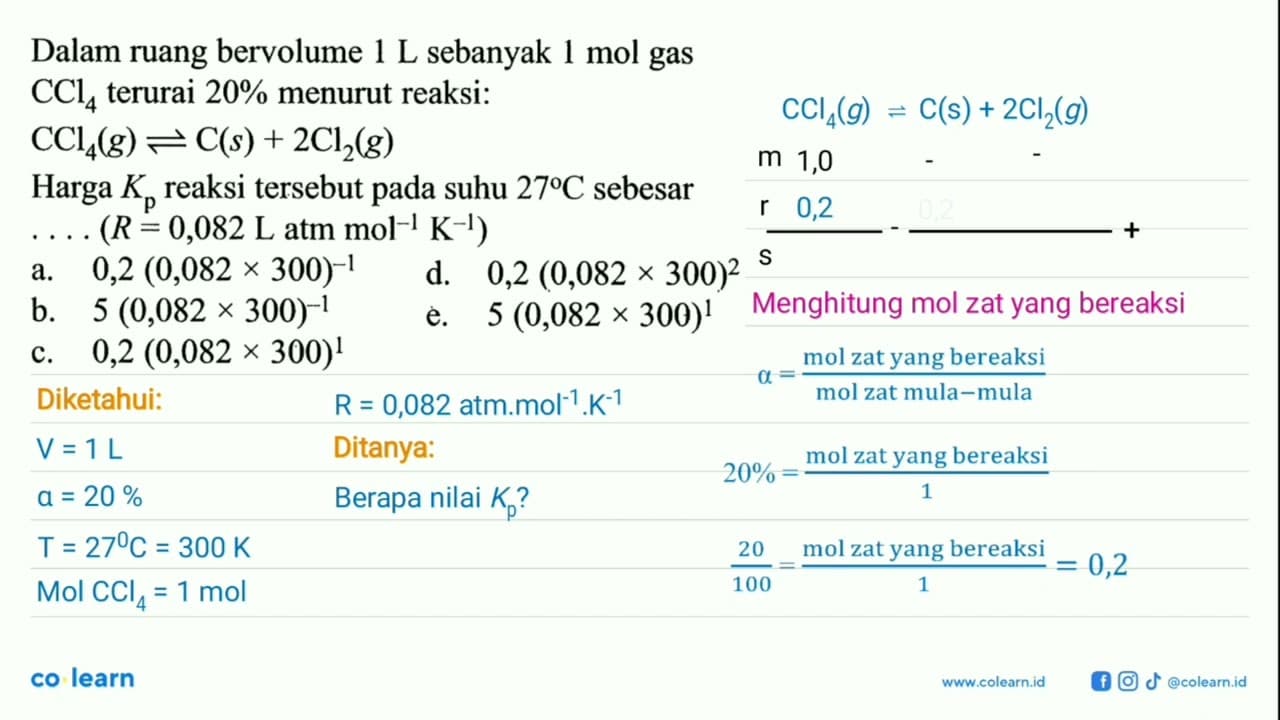 Dalam ruang bervolume 1 L sebanyak 1 mol gas CCl4 terurai