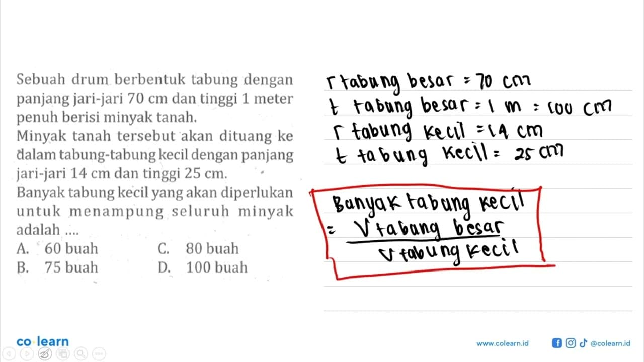 Sebuah drum berbentuk tabung dengan panjang jari-jari 70 cm