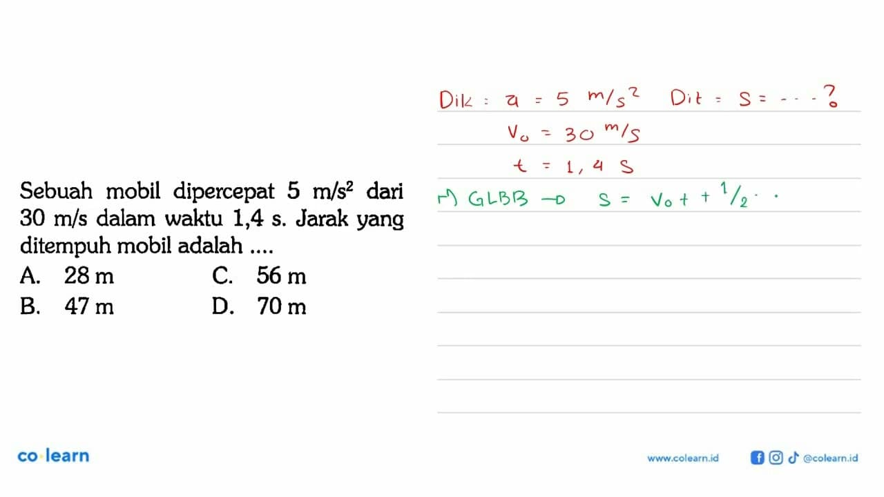 Sebuah mobil dipercepat 5 m/s^2 dari 30 m/s dalam waktu 1,4