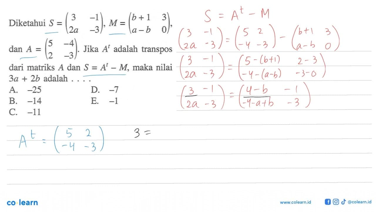 Diketahui S=(3 -1 2a -3), M=(b+1 3 a-b 0) dan A=(5 -4 2