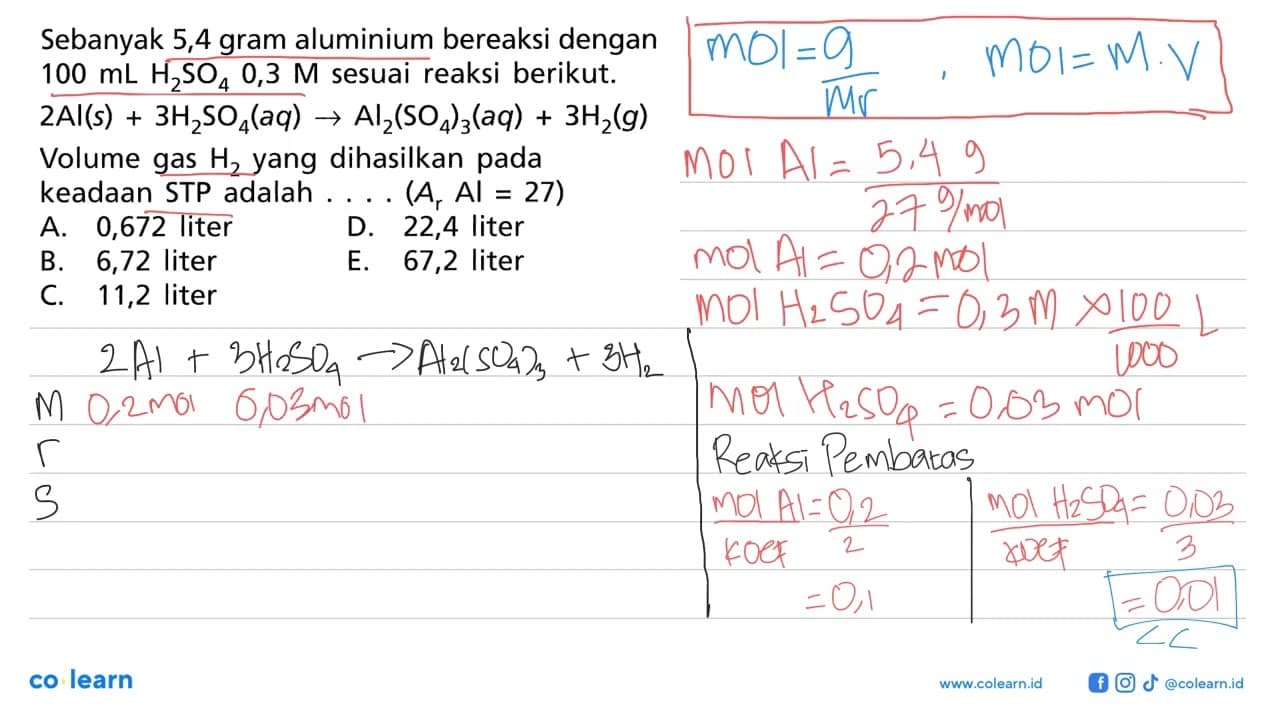 Sebanyak 5,4 gram aluminium bereaksi dengan 100 mL H2SO4