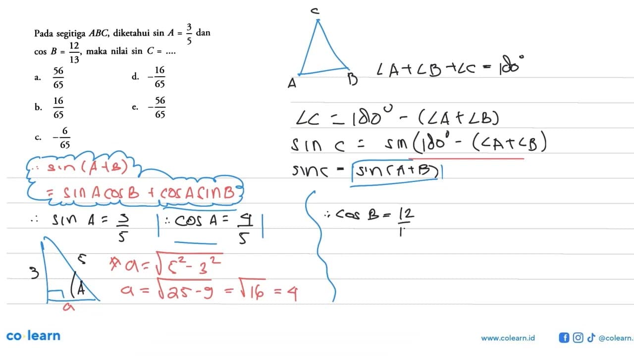 Pada segitiga ABC, diketahui sin A = 3/5 dan cos B =12/13