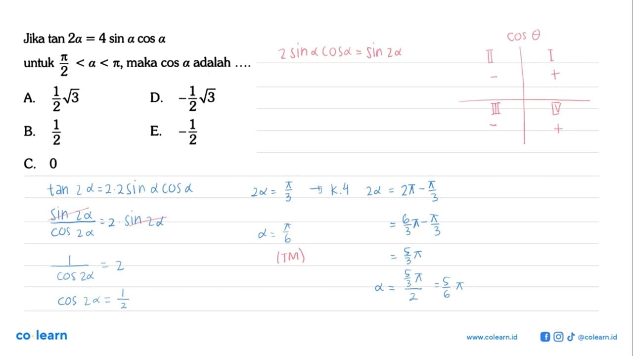 Jika tan 2a=4 sin a cos a untuk pi/2<a<pi, maka cos a