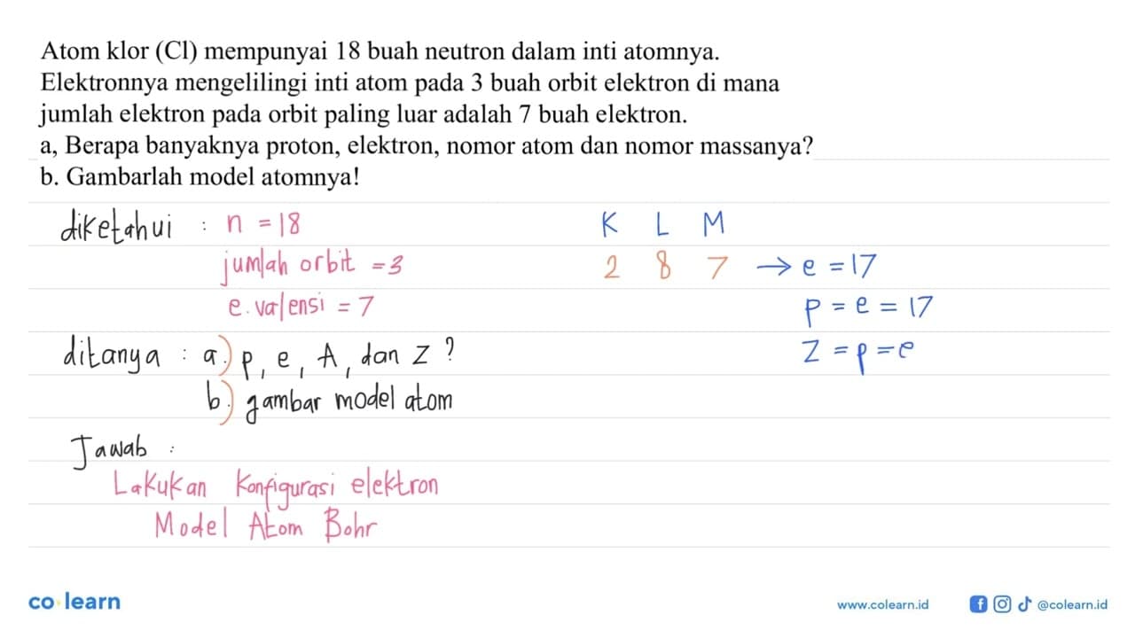 Atom klor (Cl) mempunyai 18 buah neutron dalam inti