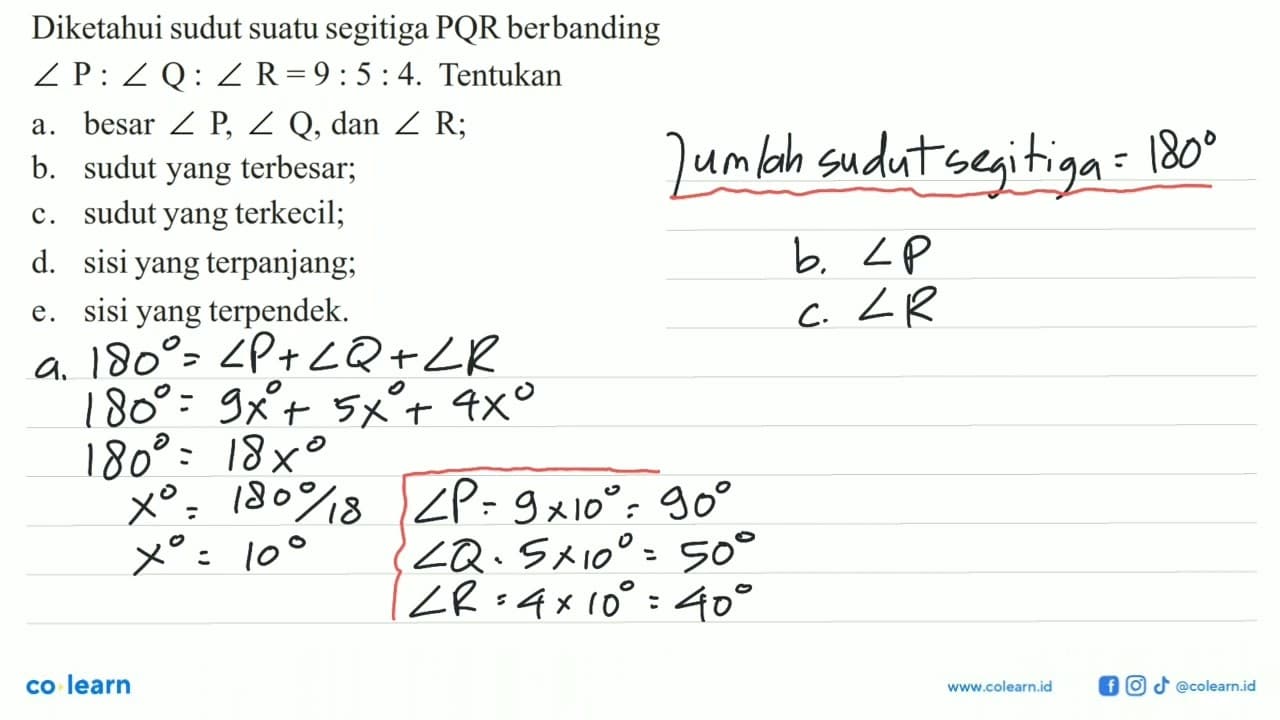 Diketahui sudut suatu segitiga PQR berbanding sudut P: