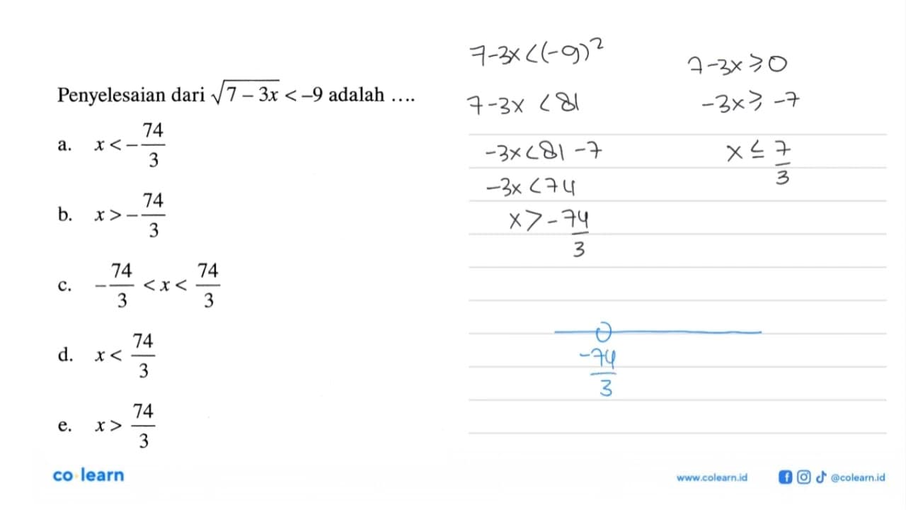 Penyelesaian dari akar(7-3x0<-9 adalah ...