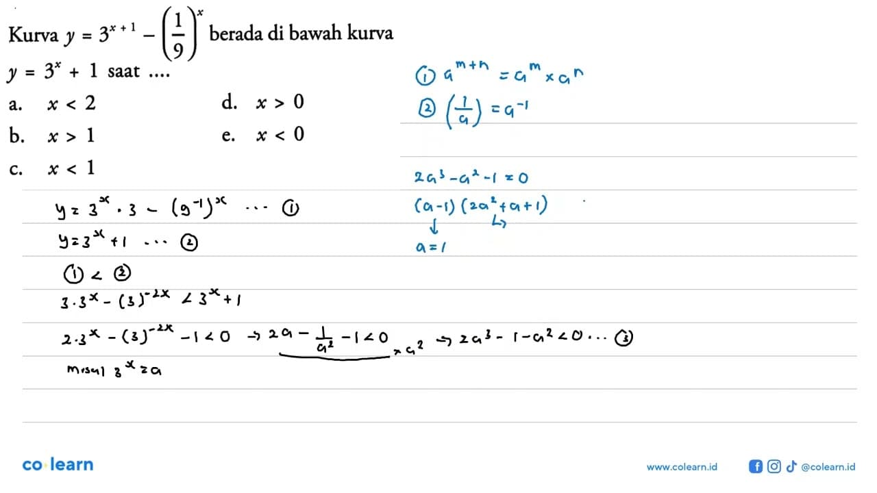 Kurva y=3^(x+1)-(1/9)^x berada di bawah kurva y=3^x+1 saat