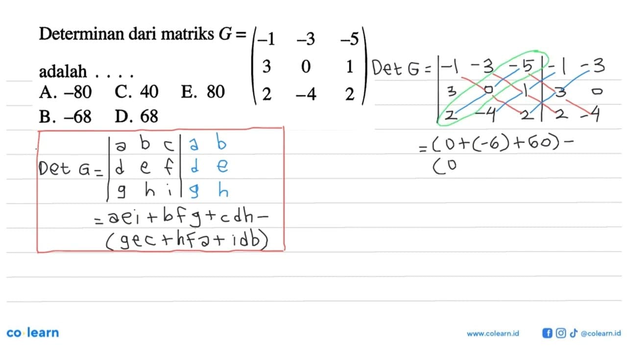 Determinan dari matriks G = (-1 -3 -5 3 0 1 2 -4 2) adalah