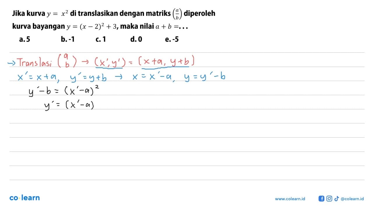 Jika kurva y=x^2 di translasikan dengan matriks (a/b)