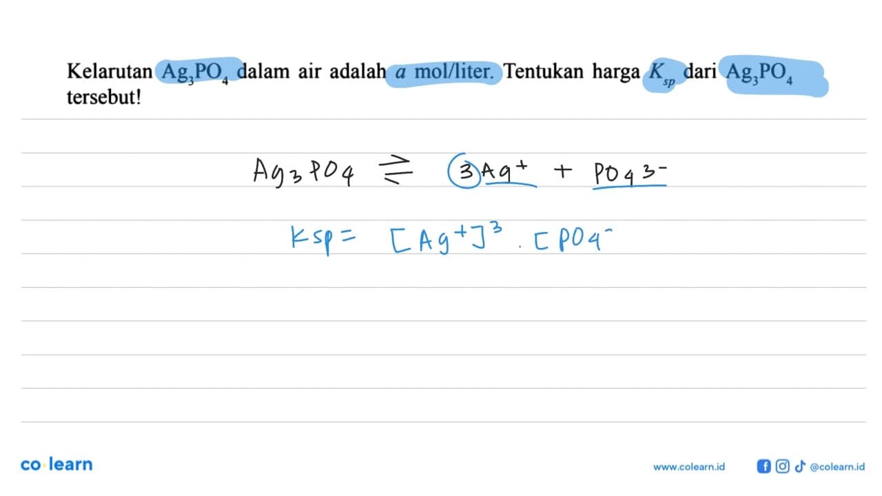 Kelarutan Ag3PO4 dalam air adalah a mol/liter. Tentukan